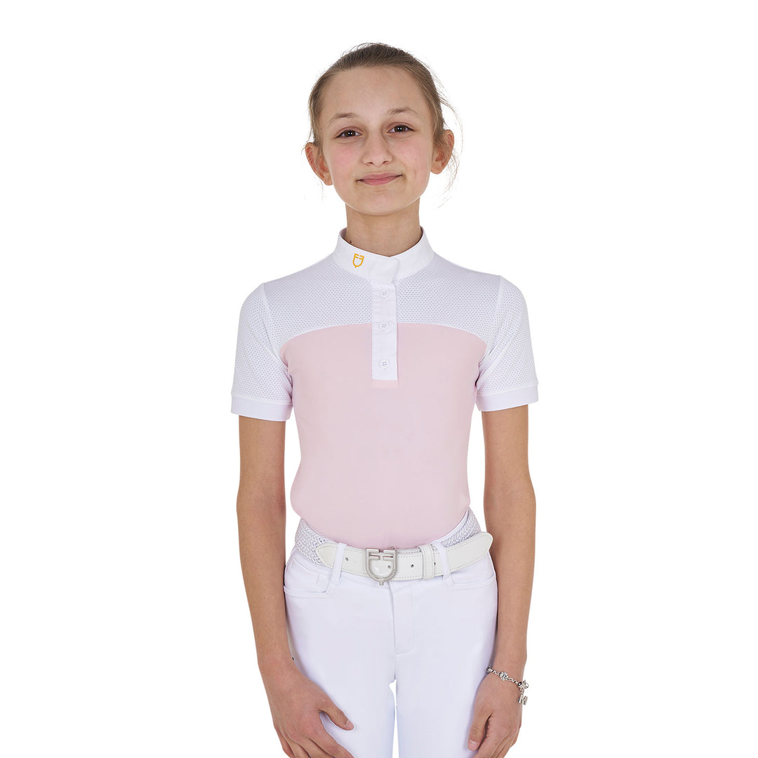 Equestro Girls' Slim Fit Competition Polo Shirt with Perforated Fabric - White