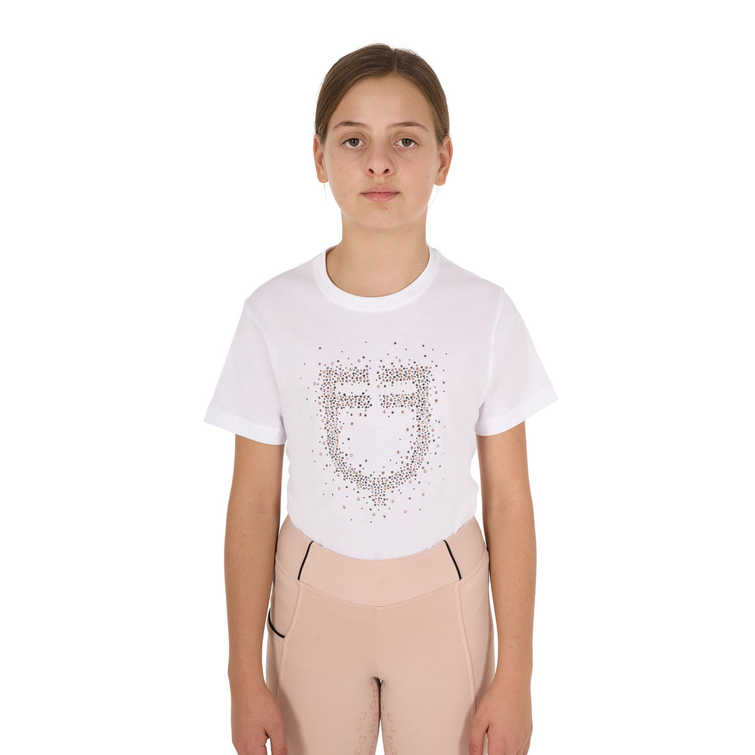 Equestro Girls' Slim Fit T-Shirt Rose Glitter Logo - White