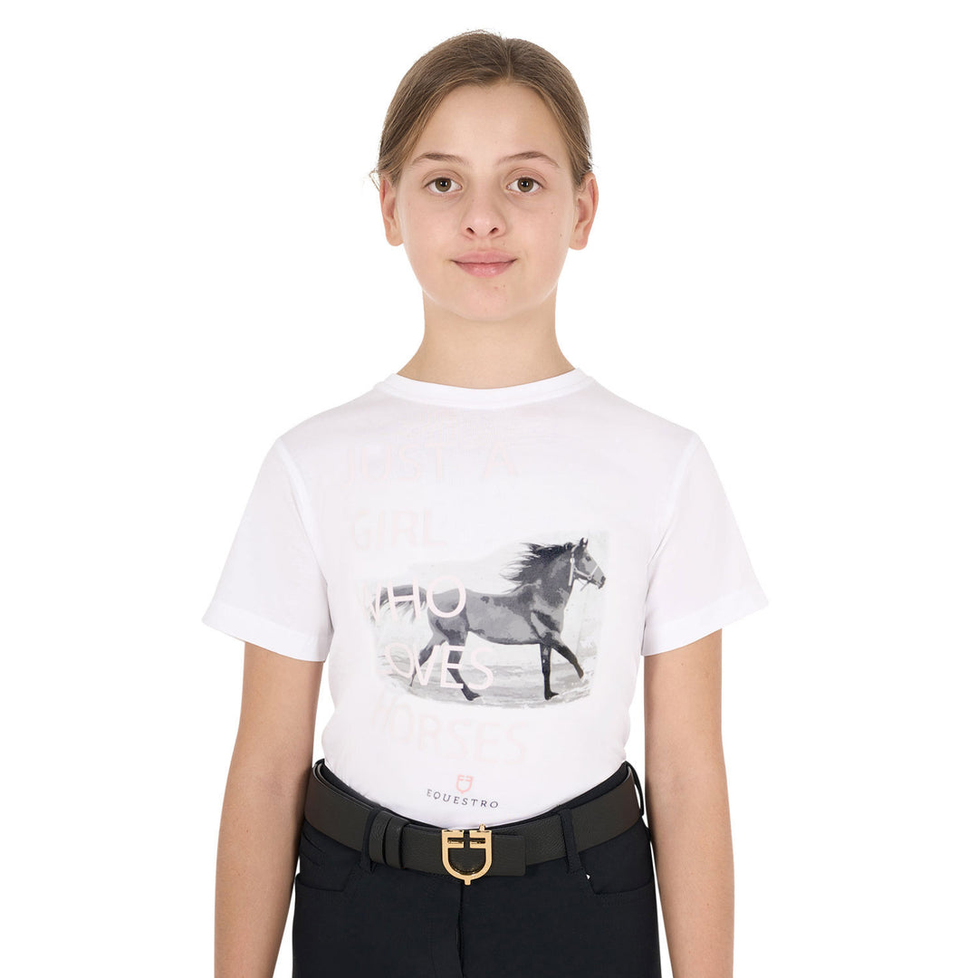 Equestro Girl's Horse Lover Cotton T-Shirt - White