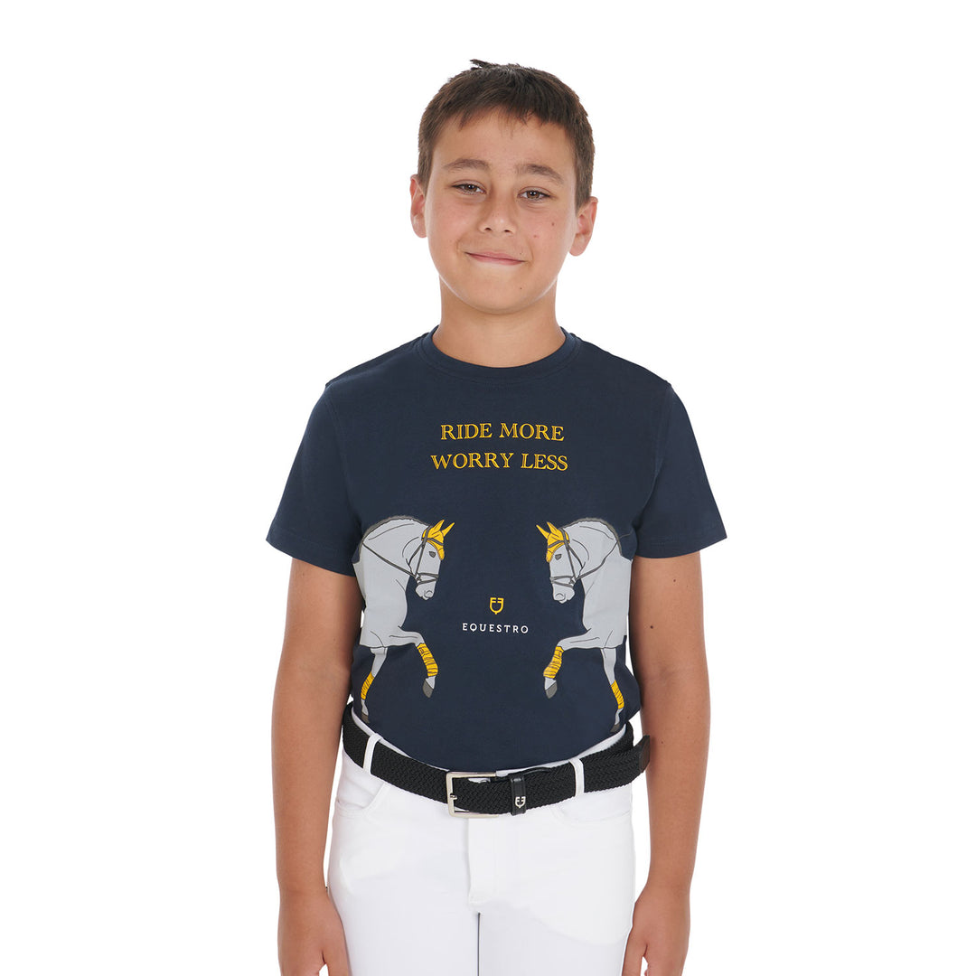 Equestro Kids' Slim Fit T-Shirt with Dressage Print - White