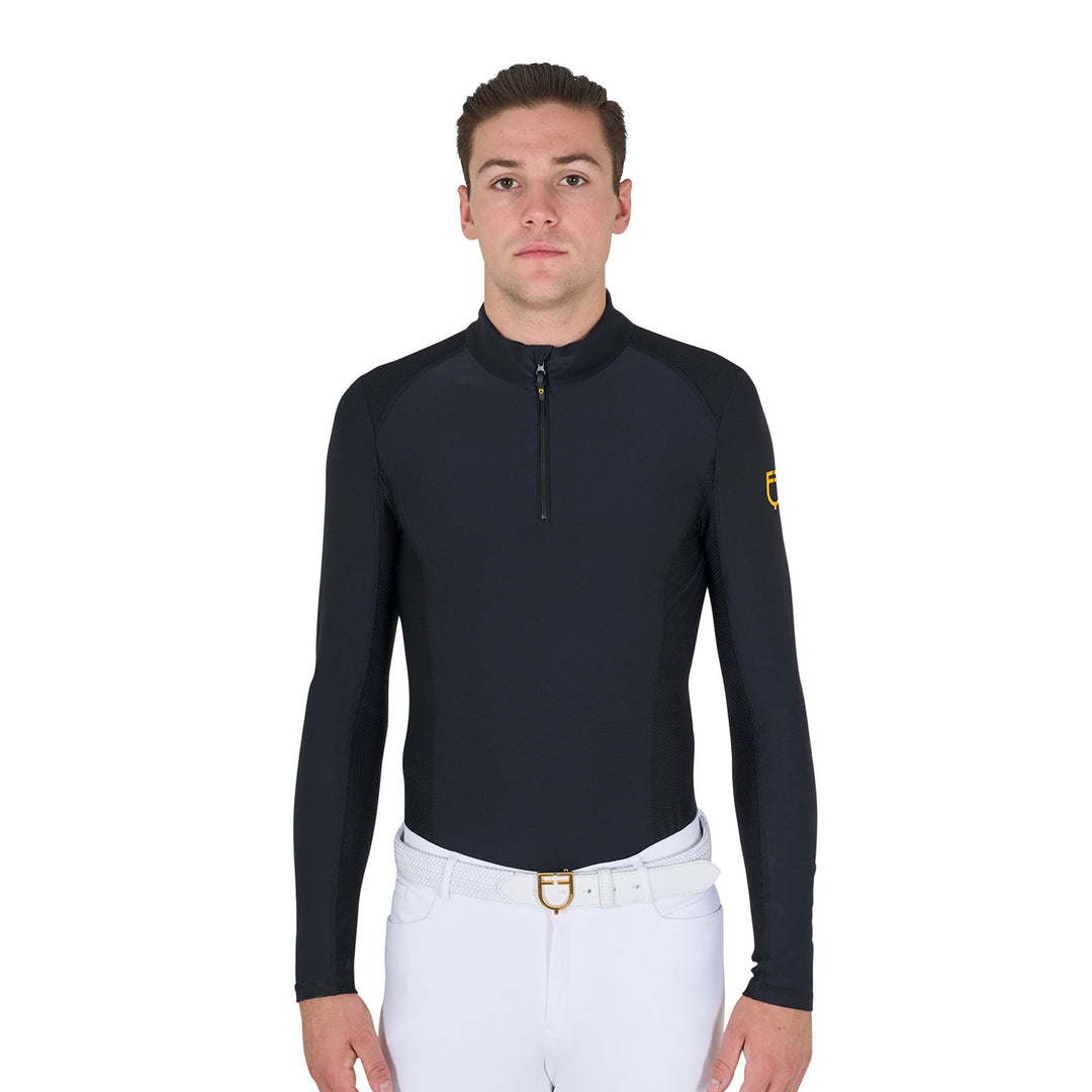Equestro Men's Slim Fit Long-Sleeved Training Polo Shirt - Navy Blazer