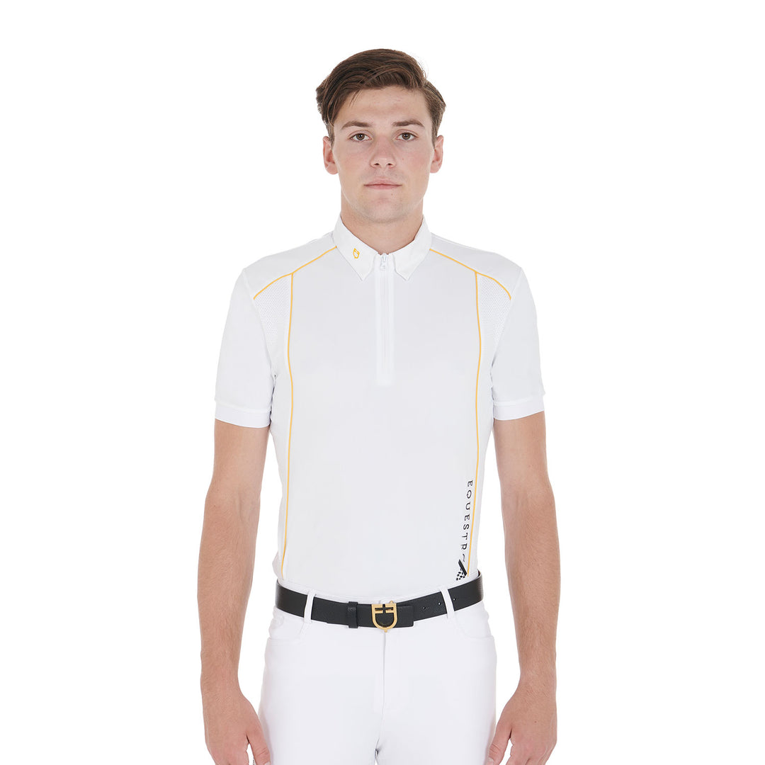 Equestro Men's Slim Fit Polo Shirt in Technical Fabric with Piping - White/Yellow