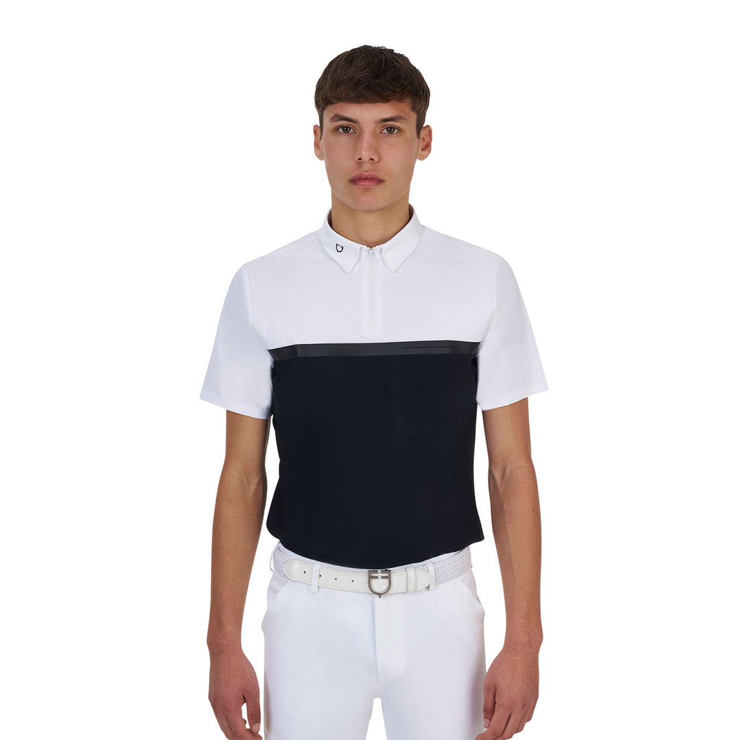 Equestro Ridertechnology Men's Competition Polo Shirt Short Sleeves and Zip - White/Mockingbird