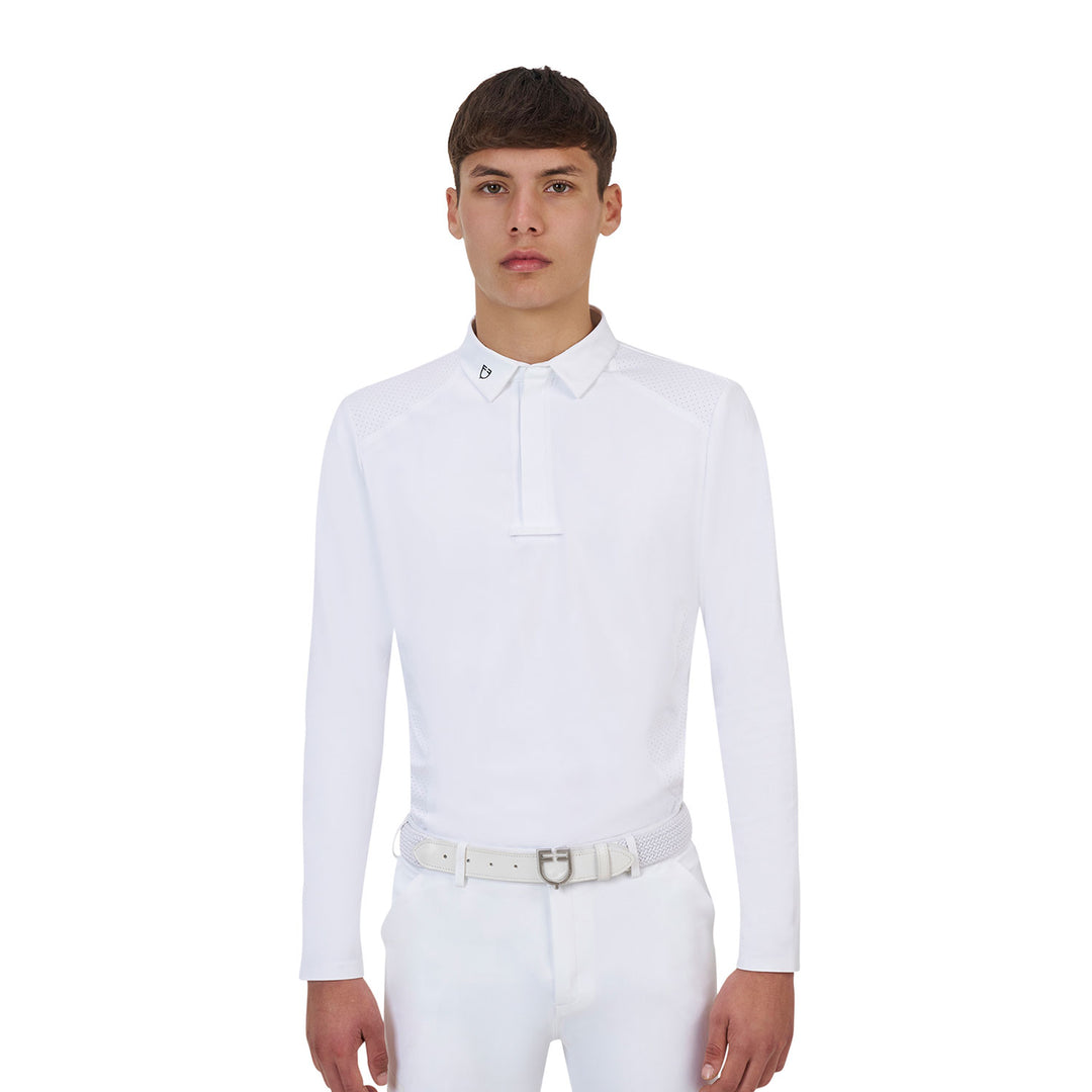 Equestro Ridertechnology Men's Competition Polo Shirt Long Sleeves and Buttons - White