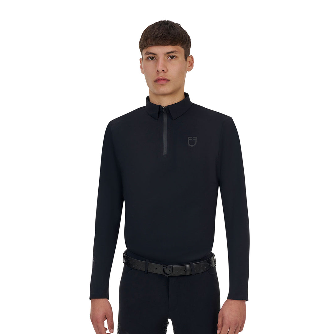 Equestro Ridertechnology Men's Training Polo Shirt Long Sleeves and Zip - Black