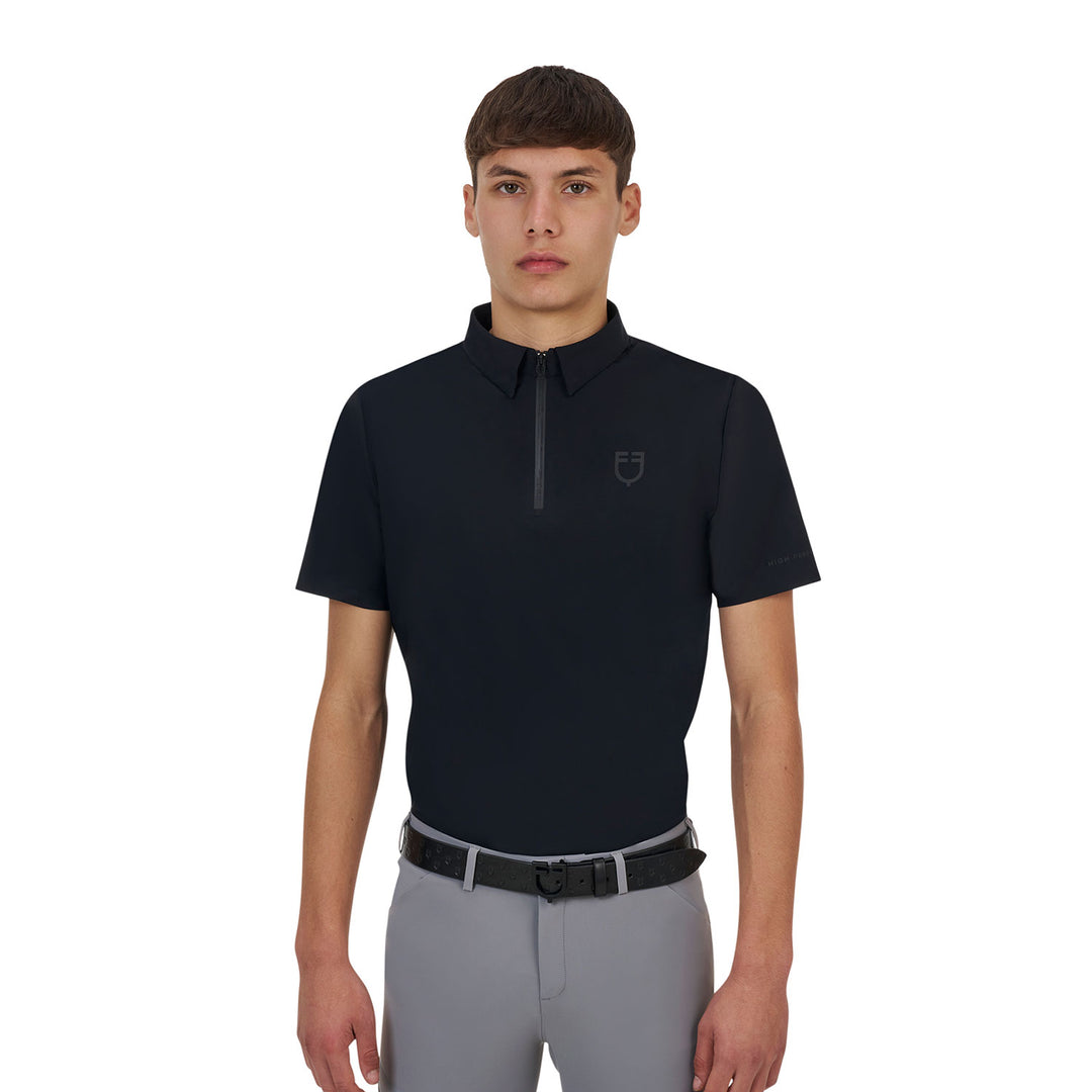 Equestro Ridertechnology Men's Training Polo Shirt Short Sleeves and Zip - Black