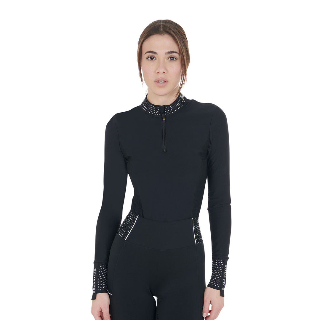 Equestro Women's Tecnical Training Polo Shirt Rhinestones - Black