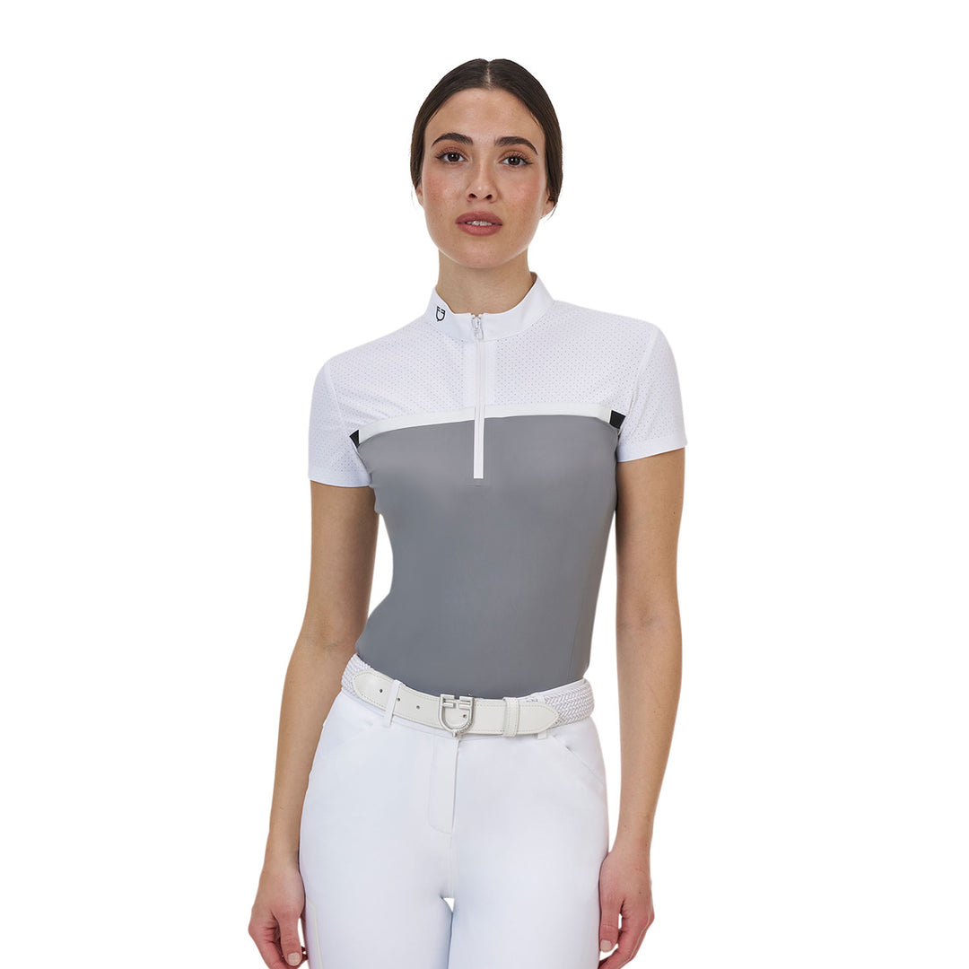 Equestro Ridertechnology Women's Competition Polo Shirt Perforated Fabric - White/Mockingbird