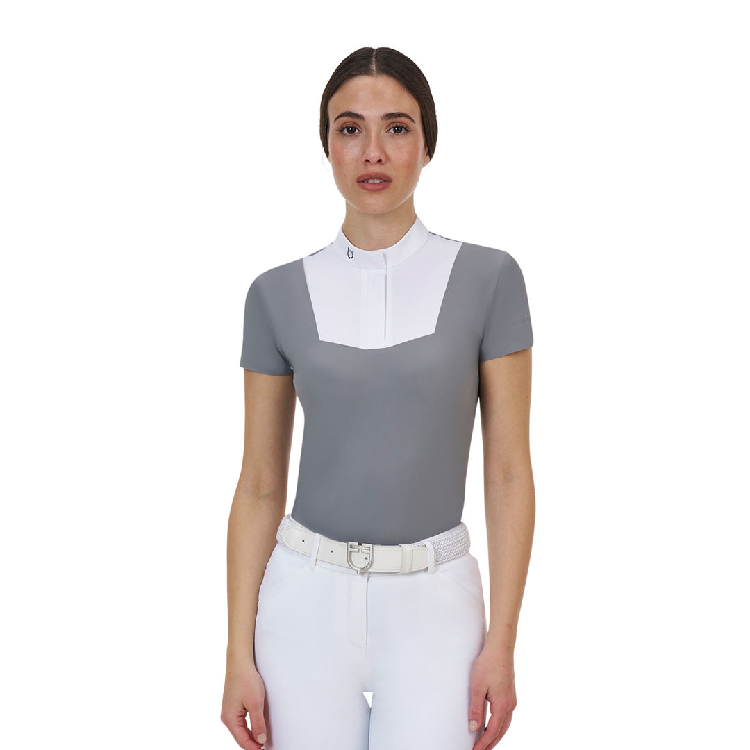 Equestro Ridertechnology Women's Competition Polo Shirt Short Sleeves and Buttons - White/Mockingbird