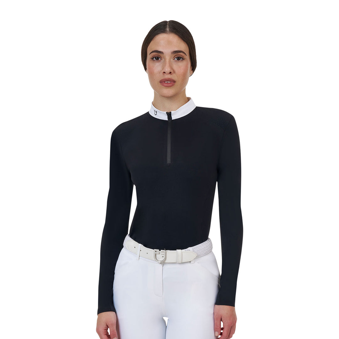 Equestro Ridertechnology Women's Competition Polo Shirt Long Sleeves and Zip - White