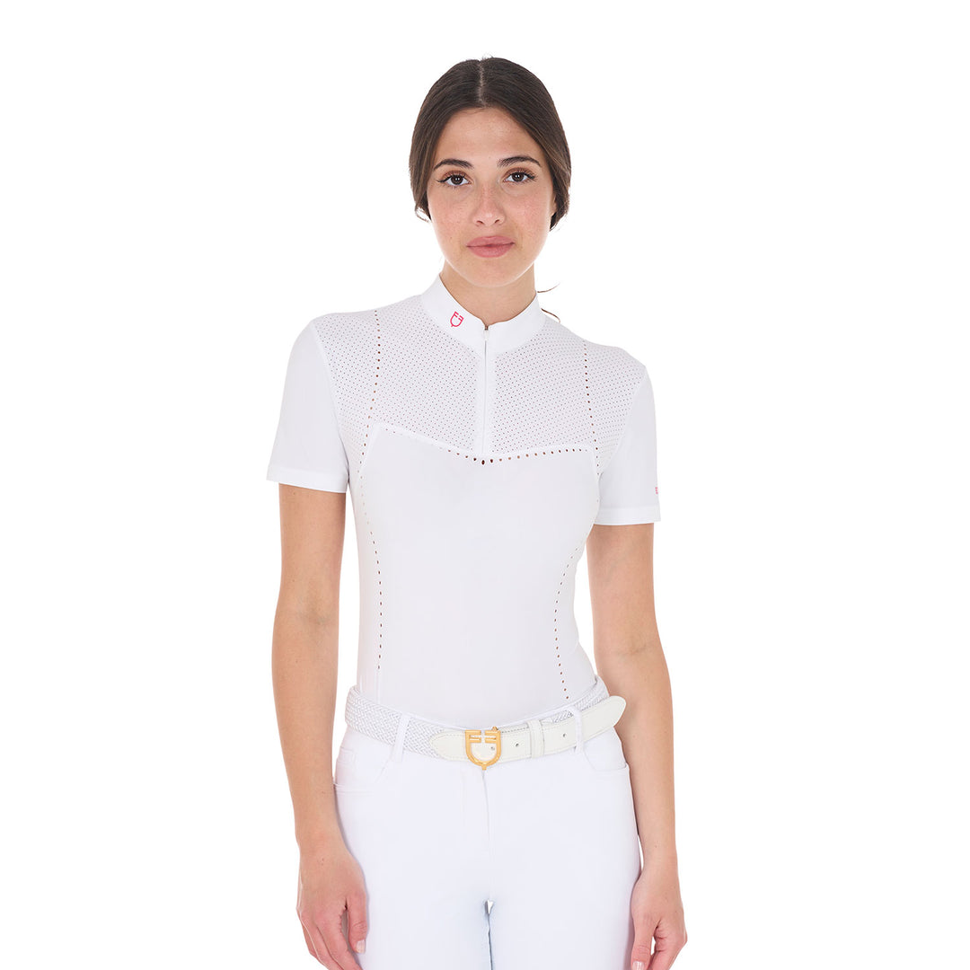 Equestro Women's Slim Fit Zipped Competition Polo Shirt in Perforated Fabric - White/Honeysuckle