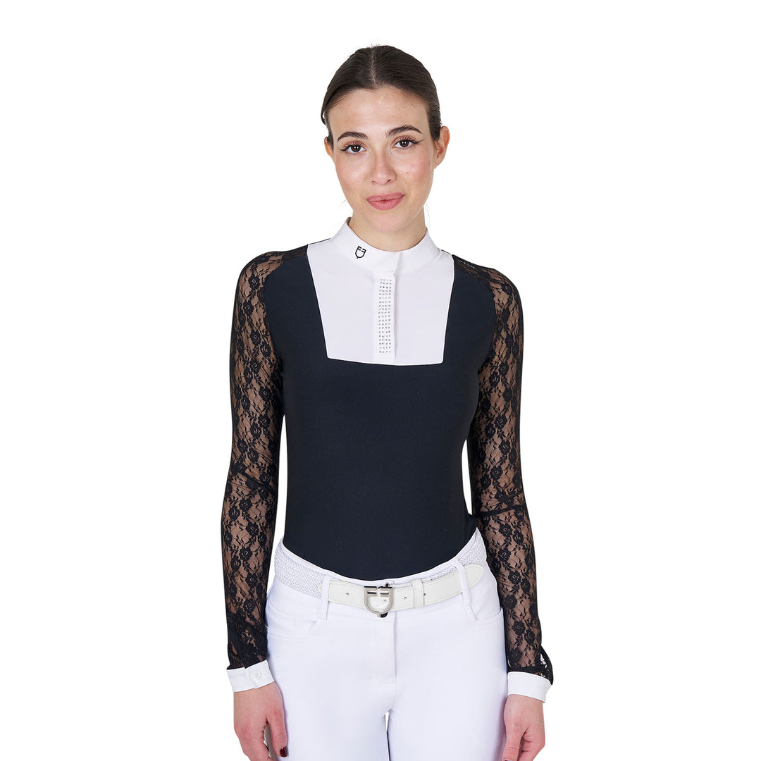 Equestro Women's Lace Long-Sleeved Competition Polo Shirt - White