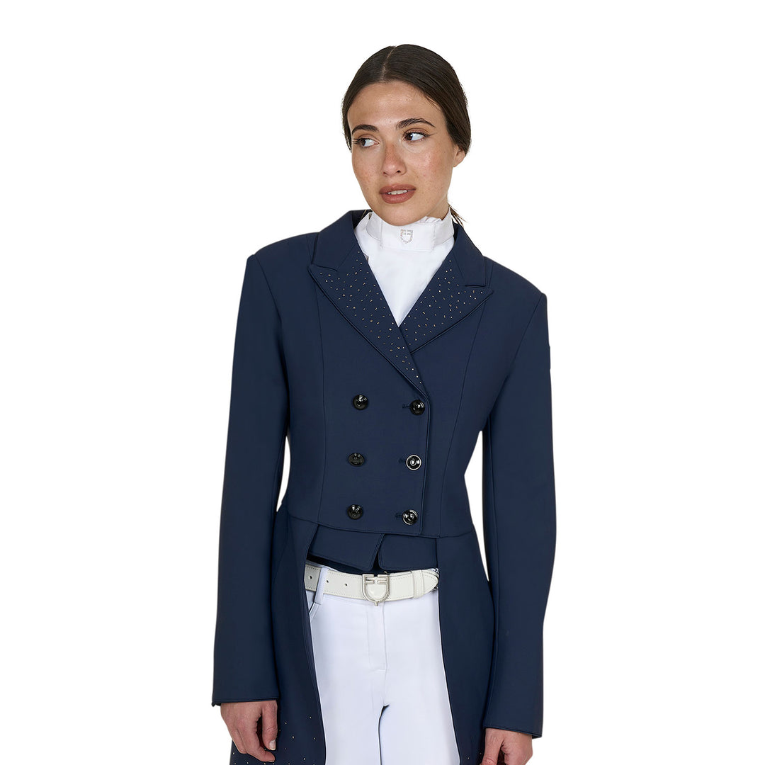 Equestro Women's Tailocoat in Technical Fabric with Rhinestones - Navy Blazer