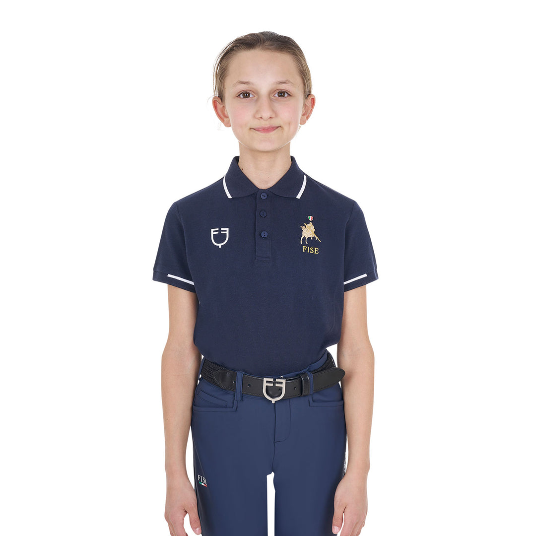 Equestro Kids' Unisex Polo Shirt in Technical Fabric Equestro X Fise - Navy Blazer
